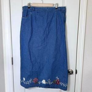 Denim & Co Maxi Jean Skirt Embroidered Elastic Waist  Women’s Plus 1X Pockets